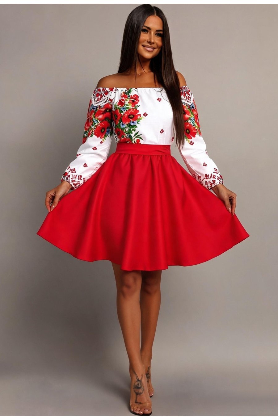 Rochie traditionala midi din tafta rosie cu maci Azra 1 - jojofashion.ro