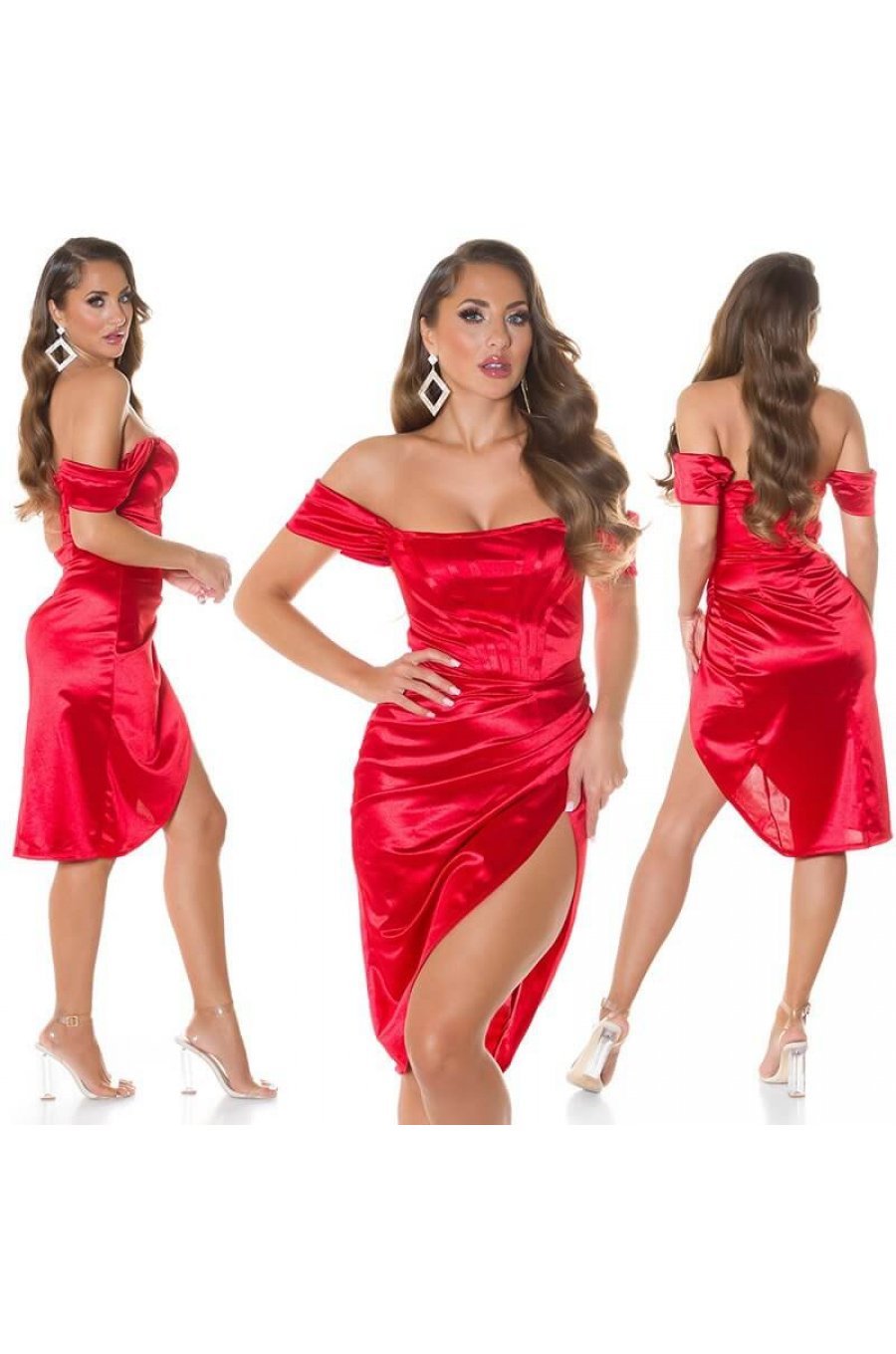 Rochie de seara midi, din satin, rosie, mulata, cu umeri goi, Annabel 4 - jojofashion.ro