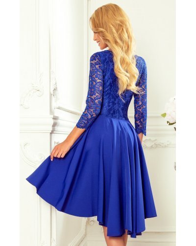 Rochie midi albastra din dantela cu maneca lunga asimetrica Anastasia  Rochii, Rochie midi albastra din dantela cu maneca lunga asimetrica Anastasia  - jojofashion.ro