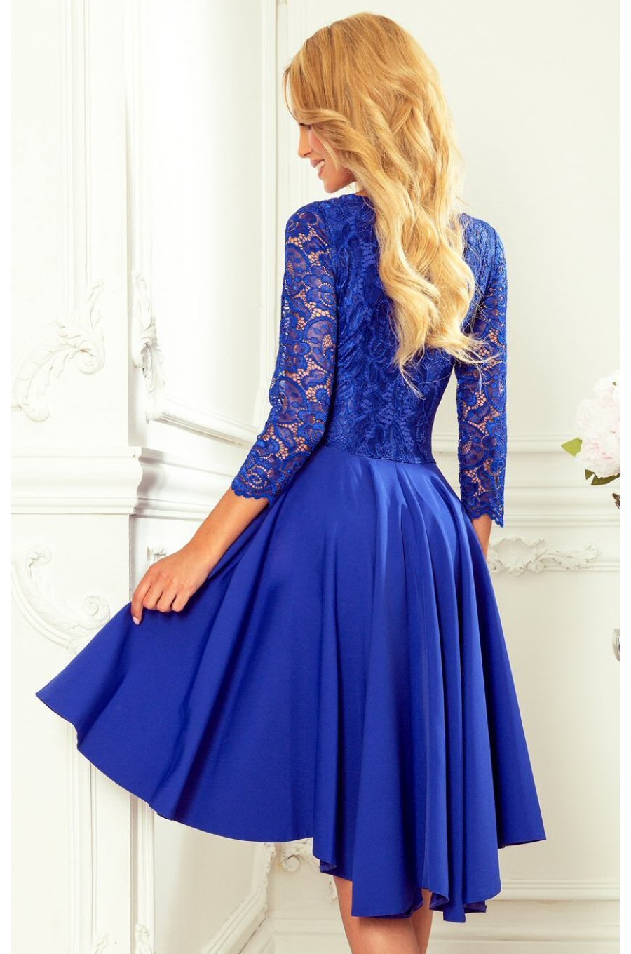 Rochie eleganta de ocazie midi, dantela, royal blue, cu maneca lunga, asimetrica, Anastasia  2 - jojofashion.ro