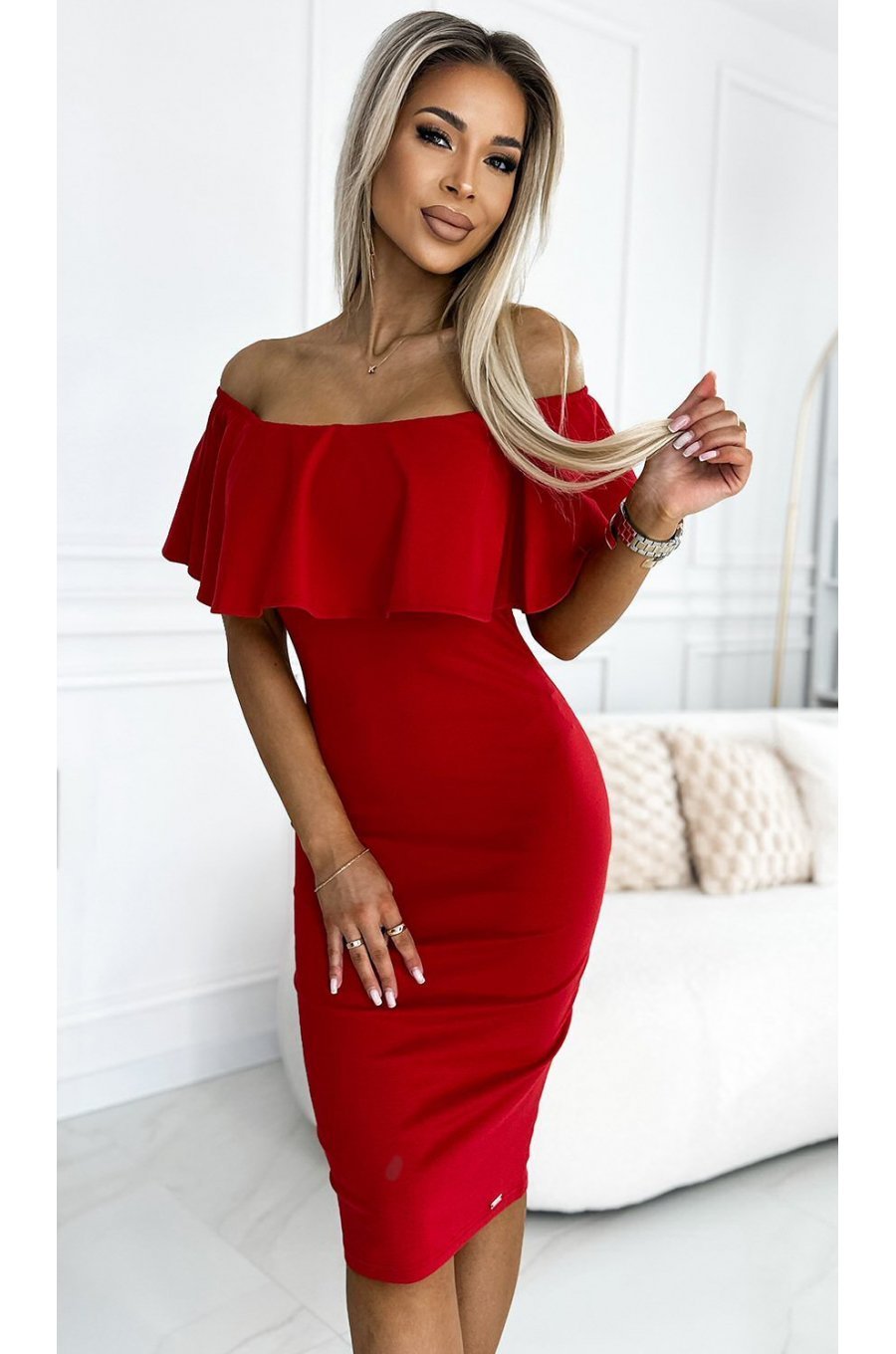 Rochie eleganta rosie mulata midi cu umerii goi si volan Evania 1 - jojofashion.ro