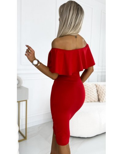 Rochie eleganta rosie mulata midi cu umerii goi si volan Evania Rochii rosii, Rochie eleganta rosie mulata midi cu umerii goi si volan Evania - jojofashion.ro