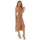 Rochie midi imitatie piele cappuccino, petrecuta, crapata pe picior, Leelas 5 - jojofashion.ro
