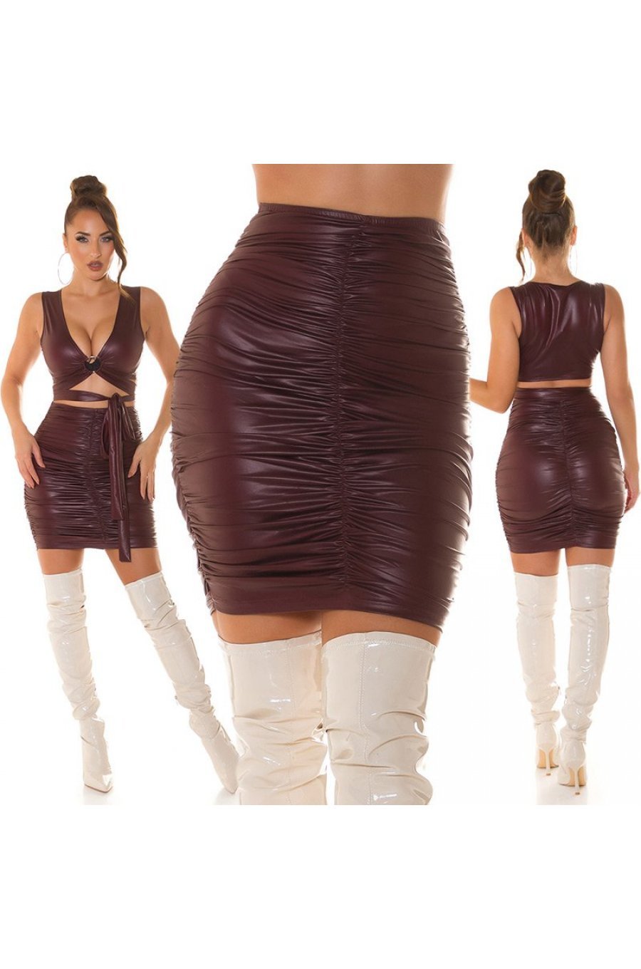 Fusta mulata scurta burgundy cu talia inalta drapata WetLook Agnisa 4 - jojofashion.ro
