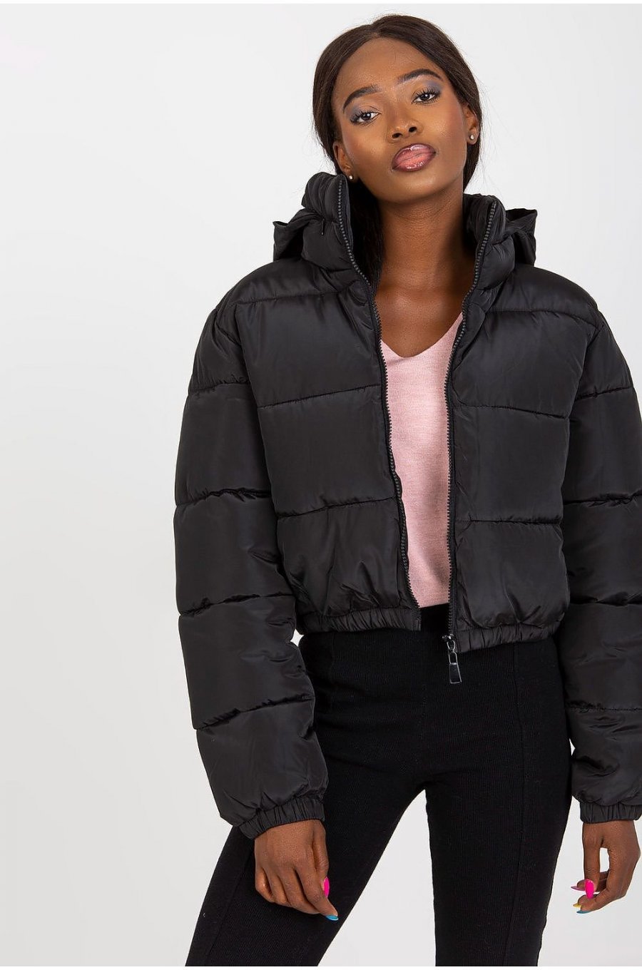 Geaca dama bomber scurta, neagra, matlasata, Amedeia1 2 - jojofashion.ro