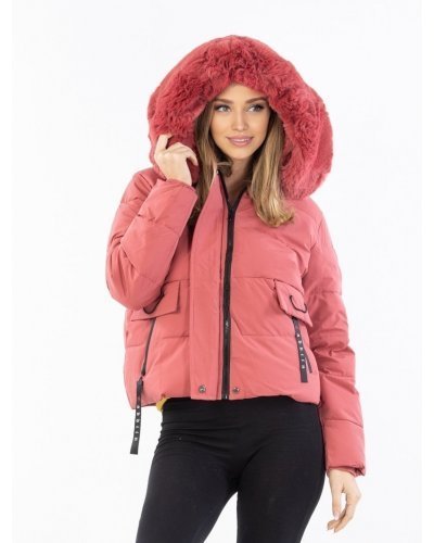 Geaca de dama de iarna roz cu gluga si blanita eco Farren Geci dama, Geaca de dama de iarna roz cu gluga si blanita eco Farren - jojofashion.ro