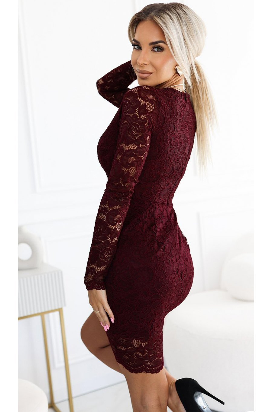 Rochie midi mulata din dantela burgundy cu maneca lunga Sofia  2 - jojofashion.ro