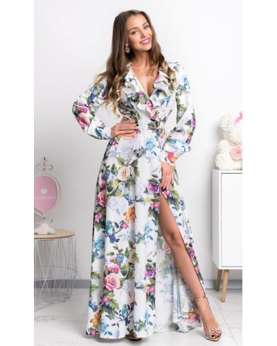 Rochii de zi, Rochie alba lunga cu flori multicolore cu maneca lunga suprapusa Rosella - jojofashion.ro