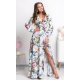 Rochie alba lunga cu flori multicolore cu maneca lunga suprapusa Rosella 2 - jojofashion.ro