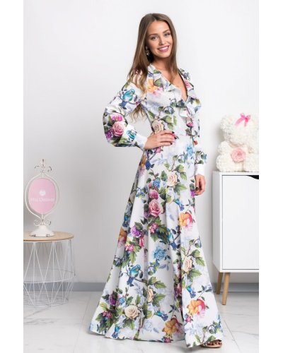 Rochii de zi, Rochie alba lunga cu flori multicolore cu maneca lunga suprapusa Rosella - jojofashion.ro
