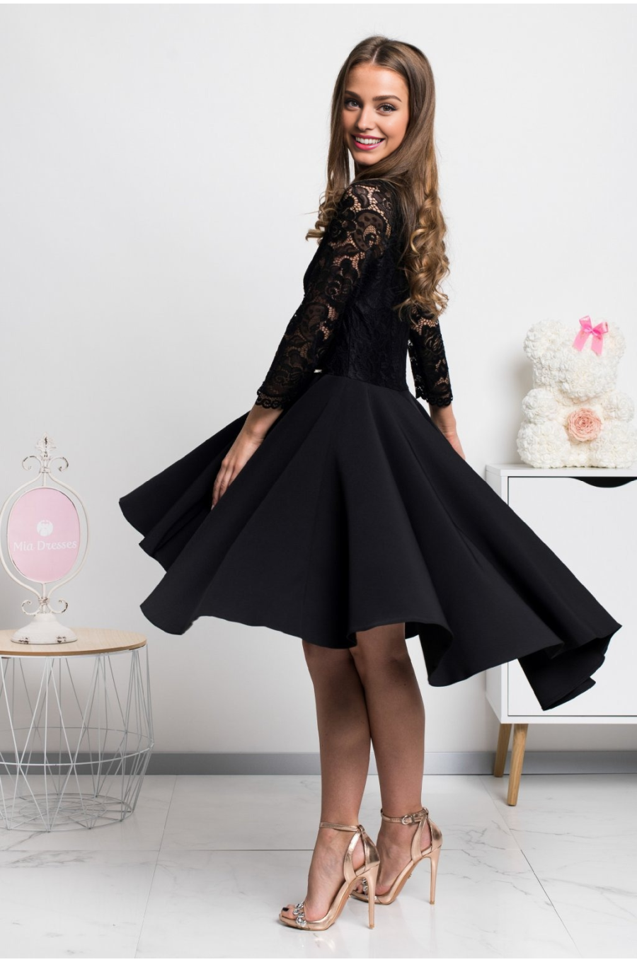 Rochie midi neagra din dantela asimetrica Anastasia  2 - jojofashion.ro