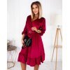 Rochie de ocazie midi, din catifea burgundy, cu maneca lunga si volan, Flavia