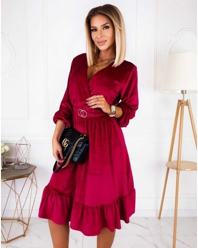 Rochie de ocazie midi, din catifea burgundy, cu maneca lunga si volan, Flavia Rochii catifea, Rochie de ocazie midi, din catifea burgundy, cu maneca lunga si volan, Flavia - jojofashion.ro