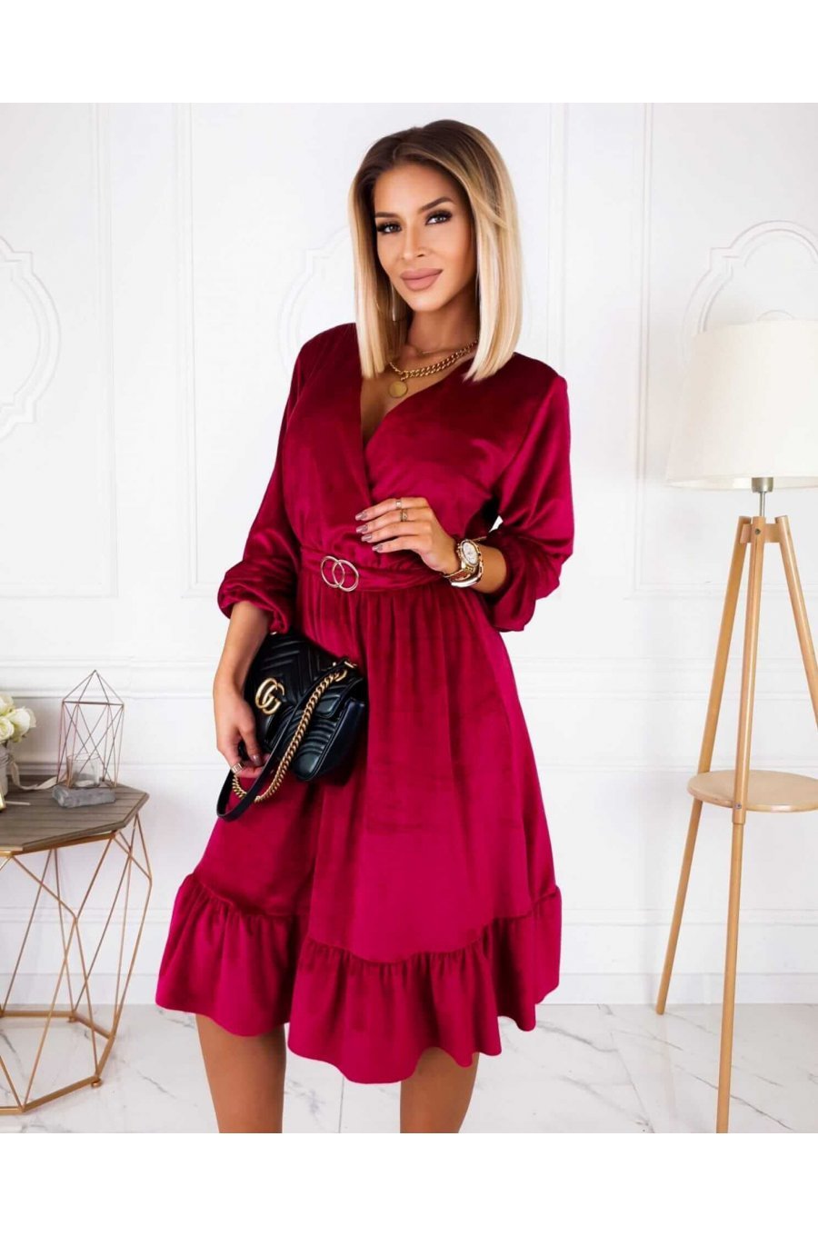 Rochie de ocazie midi, din catifea burgundy, cu maneca lunga si volan, Flavia 1 - jojofashion.ro