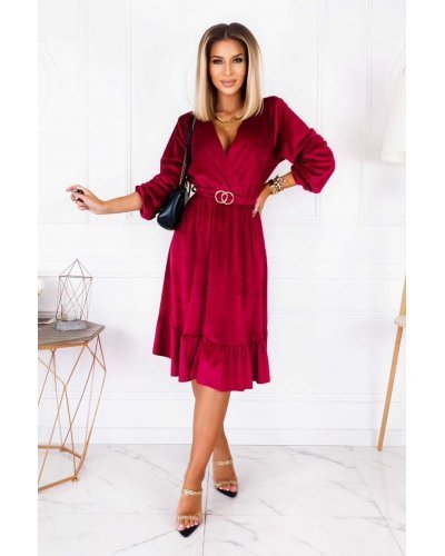 Rochie de ocazie midi, din catifea burgundy, cu maneca lunga si volan, Flavia Rochii catifea, Rochie de ocazie midi, din catifea burgundy, cu maneca lunga si volan, Flavia - jojofashion.ro