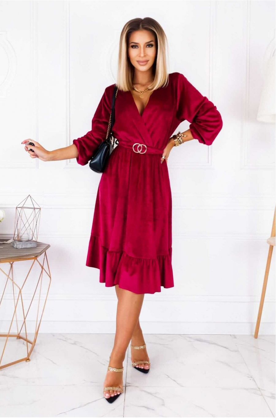 Rochie de ocazie midi, din catifea burgundy, cu maneca lunga si volan, Flavia 2 - jojofashion.ro