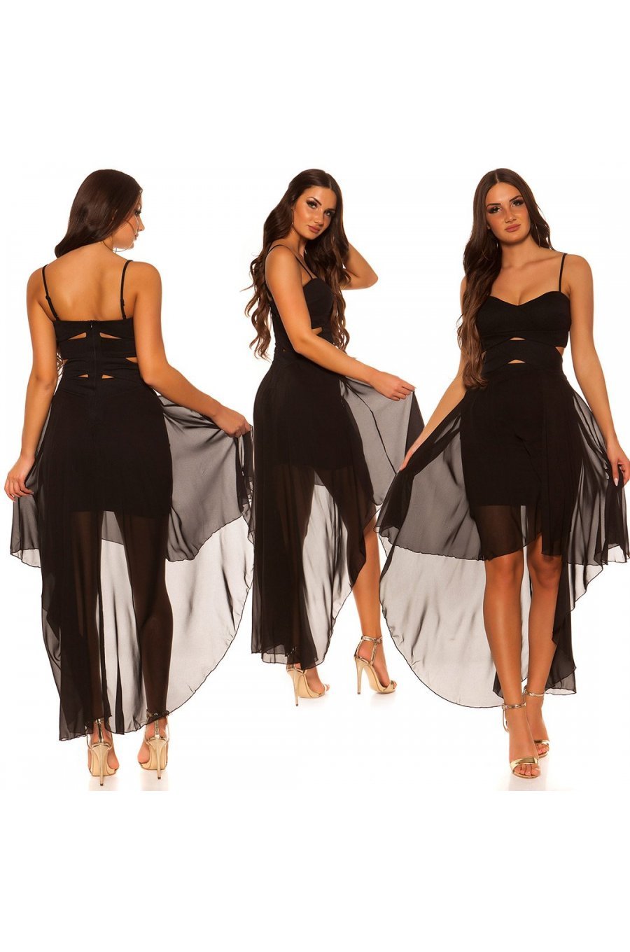 Rochie scurta neagra vaporoasa cu trena Marlyn 4 - jojofashion.ro
