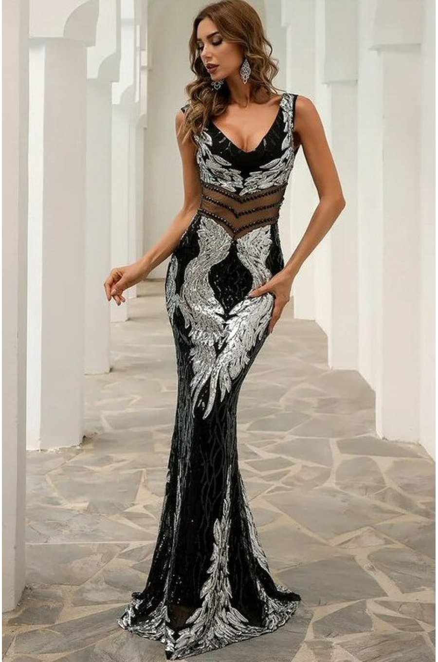 Rochie lunga neagra mulata cu paiete argintii PrincessBatal  1 - jojofashion.ro