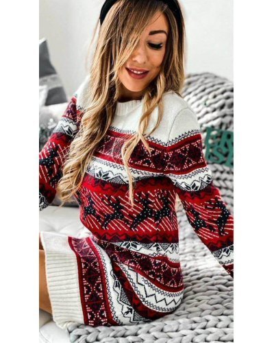 Rochie de Craciun tricotata alba cu reni negri Milona Rochii tricotate, Rochie de Craciun tricotata alba cu reni negri Milona - jojofashion.ro