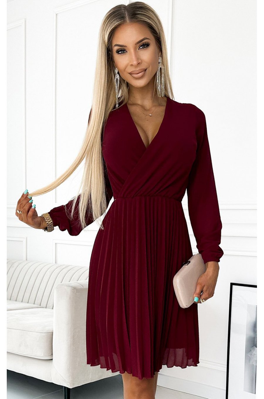 Rochie scurta din chiffon burgundy plisata vaporoasa Lisa 1 - jojofashion.ro