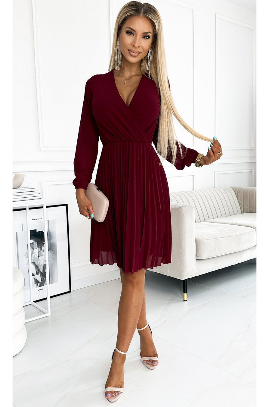 Rochie scurta din chiffon burgundy plisata vaporoasa Lisa 3 - jojofashion.ro