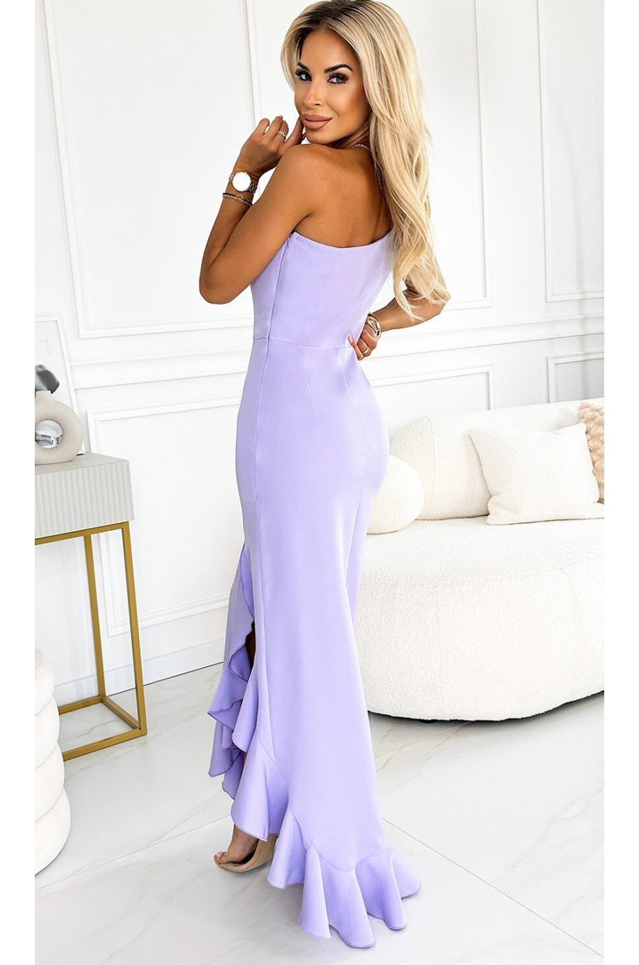 Rochie de ocazie lunga, lila, cu un umar gol, asimetrica, Aniko 2 - jojofashion.ro
