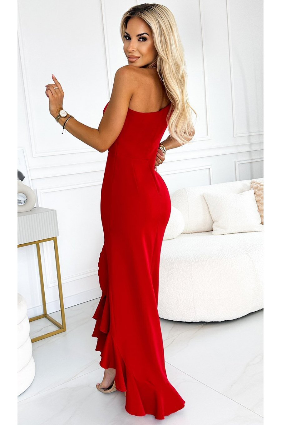 Rochie lunga rosie mulata cu un umar gol asimetrica Aniko  2 - jojofashion.ro