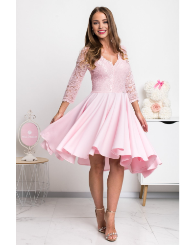 Rochii domnisoare de onoare, Rochie de ocazie midi, dantela, roz, cu maneca lunga, asimetrica, Anastasia  - jojofashion.ro