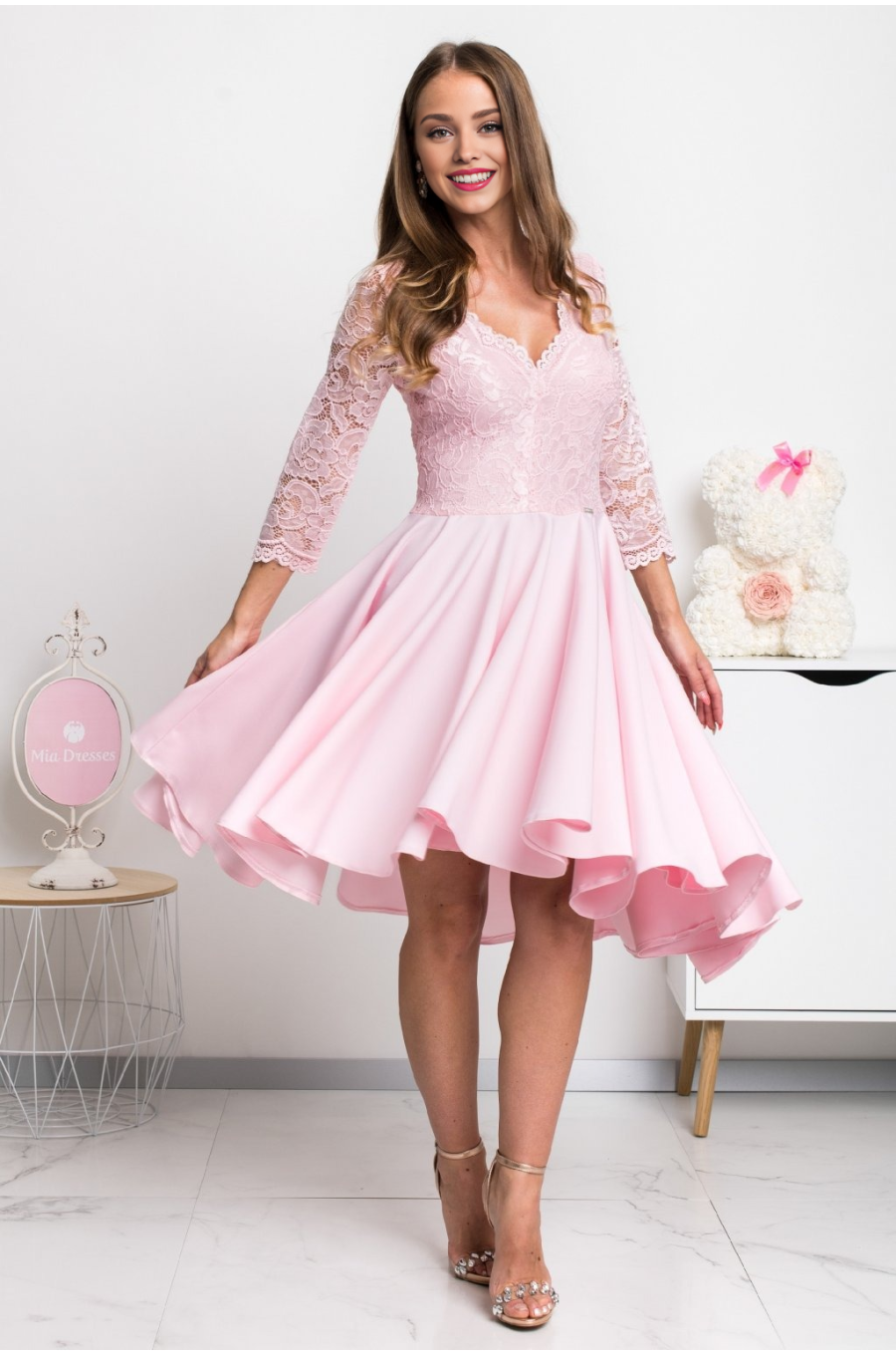 Rochie de ocazie midi, dantela, roz, cu maneca lunga, asimetrica, Anastasia  1 - jojofashion.ro