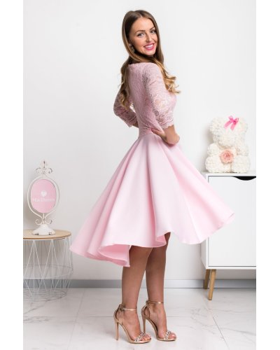 Rochii domnisoare de onoare, Rochie de ocazie midi, dantela, roz, cu maneca lunga, asimetrica, Anastasia  - jojofashion.ro