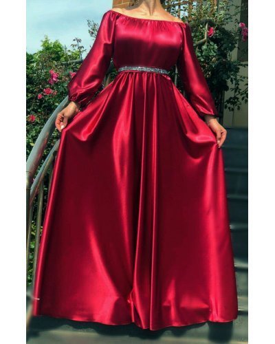 Rochie lunga burgundy din satin vaporoasa cu maneca lunga Larisa  Rochii, Rochie lunga burgundy din satin vaporoasa cu maneca lunga Larisa  - jojofashion.ro