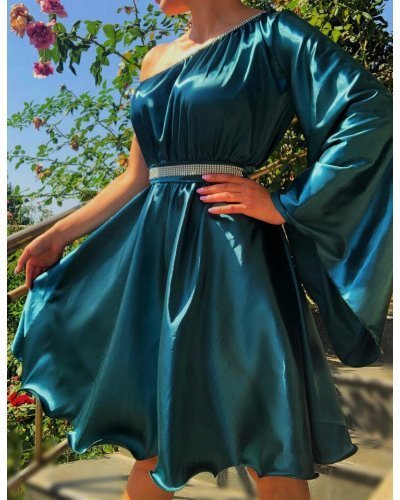 Rochie eleganta de ocazie scurta, satin, verde turcoaz, babydoll, cu maneca lunga, Melike Rochii vaporoase, Rochie eleganta de ocazie scurta, satin, verde turcoaz, babydoll, cu maneca lunga, Melike - jojofashion.ro