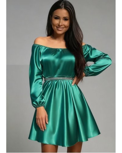 Rochii de Ocazie Elegante, Rochie scurta din satin verde babydoll cu umerii goi Calirroe  - jojofashion.ro