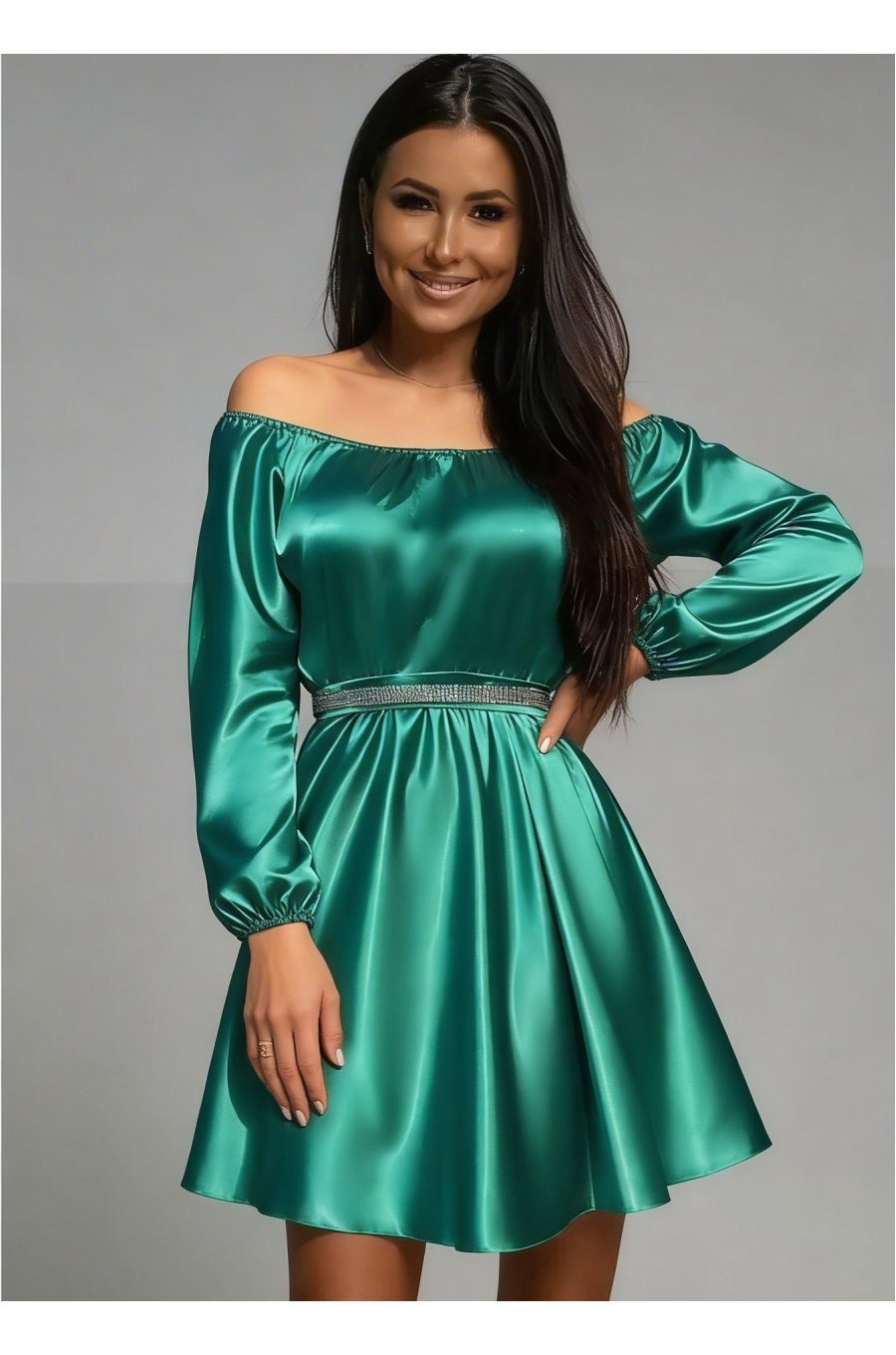 Rochie scurta din satin verde babydoll cu umerii goi Calirroe  1 - jojofashion.ro