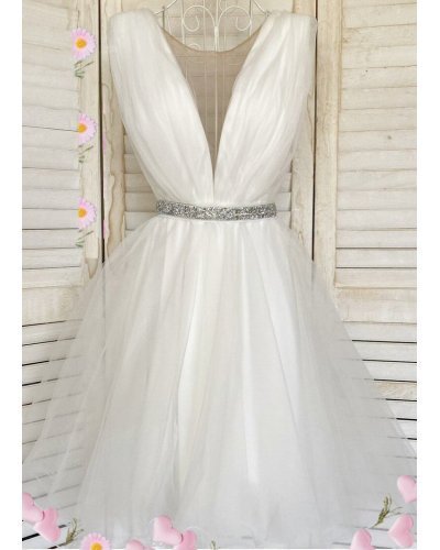 Rochie de ocazie din tul alb scurta baby doll Adelya  Rochii de Ocazie Elegante, Rochie de ocazie din tul alb scurta baby doll Adelya  - jojofashion.ro