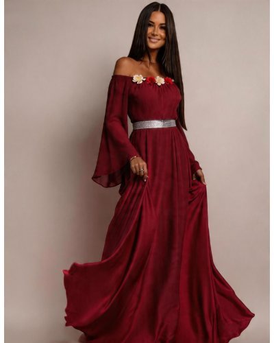 Rochii marimi mari, Rochie lunga ocazie din voal burgundy FairyTale - jojofashion.ro