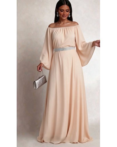Rochii cununie civila, Rochie lunga din voal bej vaporoasa Cinderella - jojofashion.ro