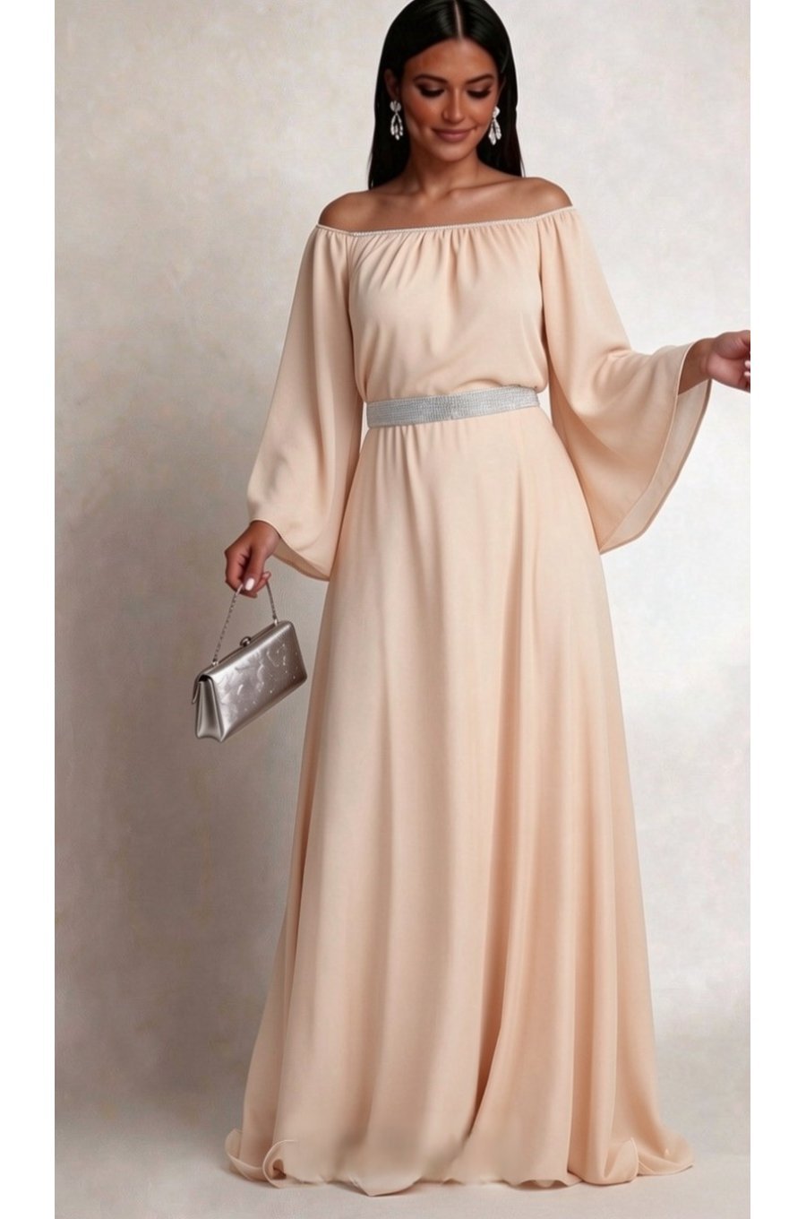 Rochie lunga din voal bej vaporoasa Cinderella 1 - jojofashion.ro