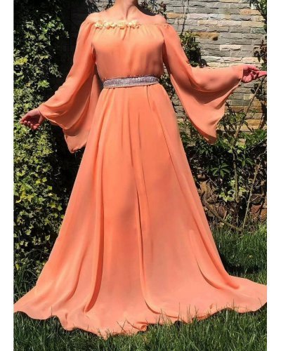 Rochie lunga din voal roz somon FairyTale Rochii lungi, Rochie lunga din voal roz somon FairyTale - jojofashion.ro