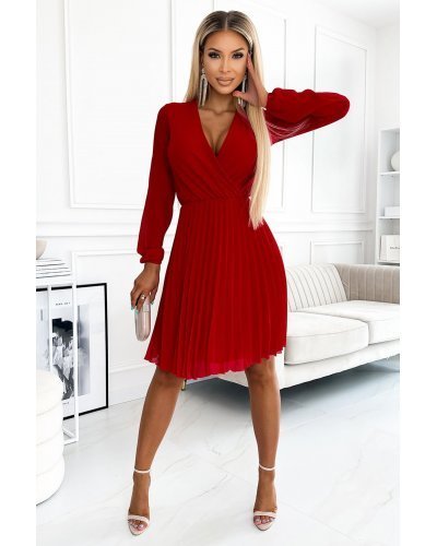 Rochie scurta rosie din voal sifon cu maneca lunga Lisa Rochii de Ocazie Elegante, Rochie scurta rosie din voal sifon cu maneca lunga Lisa - jojofashion.ro