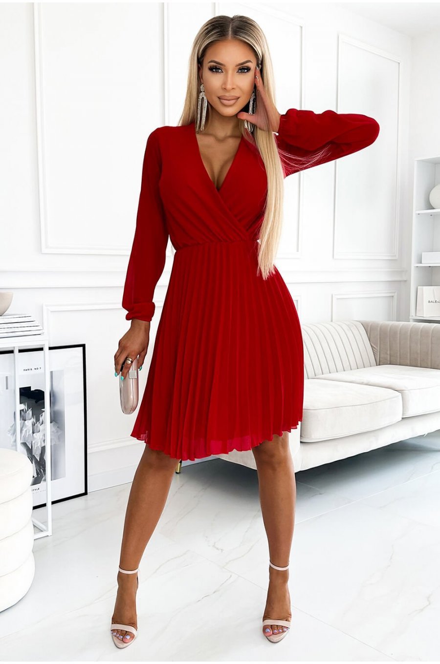 Rochie scurta rosie din voal sifon cu maneca lunga Lisa 2 - jojofashion.ro
