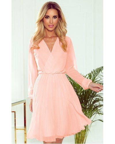 Rochie scurta din voal roz piersica plisata vaporoasa Lisa Rochii cununie civila, Rochie scurta din voal roz piersica plisata vaporoasa Lisa - jojofashion.ro