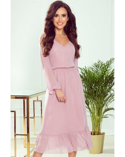 Rochie midi roz pudrat din chiffon cu maneca lunga Calina Rochii midi, Rochie midi roz pudrat din chiffon cu maneca lunga Calina - jojofashion.ro