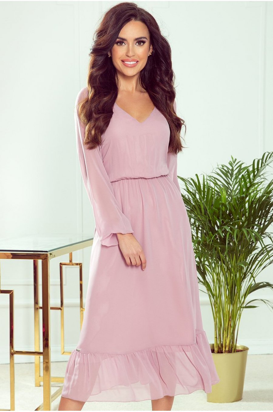 Rochie midi roz pudrat din chiffon cu maneca lunga Calina 1 - jojofashion.ro