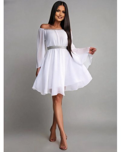 Rochii, Rochie cununie civila scurta, din voal, alba, cu maneca lunga, vaporoasa, Alexia - jojofashion.ro