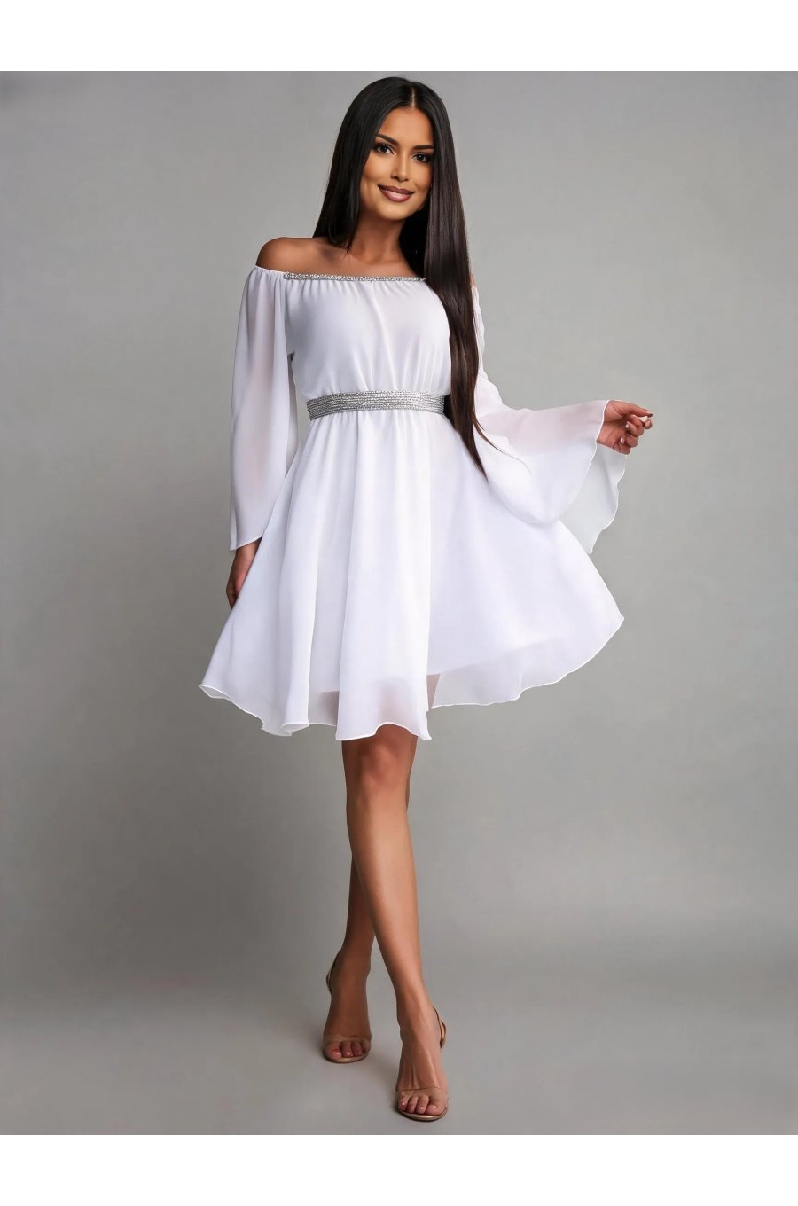 Rochie cununie civila scurta, din voal, alba, cu maneca lunga, vaporoasa, Alexia 1 - jojofashion.ro