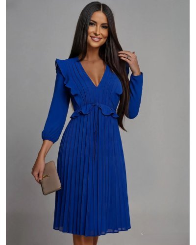 Rochie de ocazie midi albastra plisata cu volane Angel - jojofashion.ro