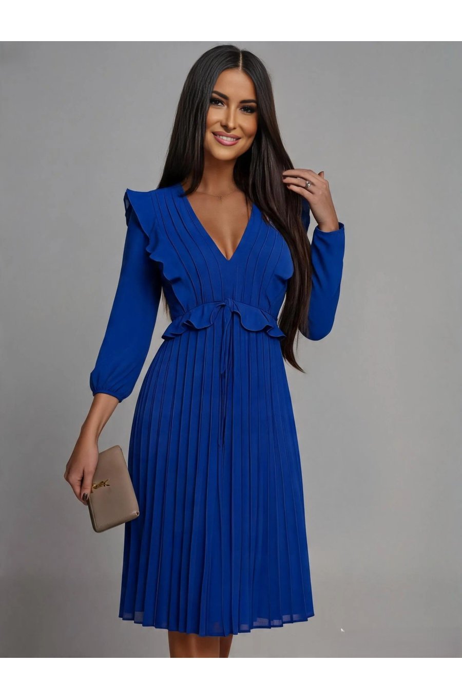 Rochie de ocazie midi albastra plisata cu volane Angel 1 - jojofashion.ro