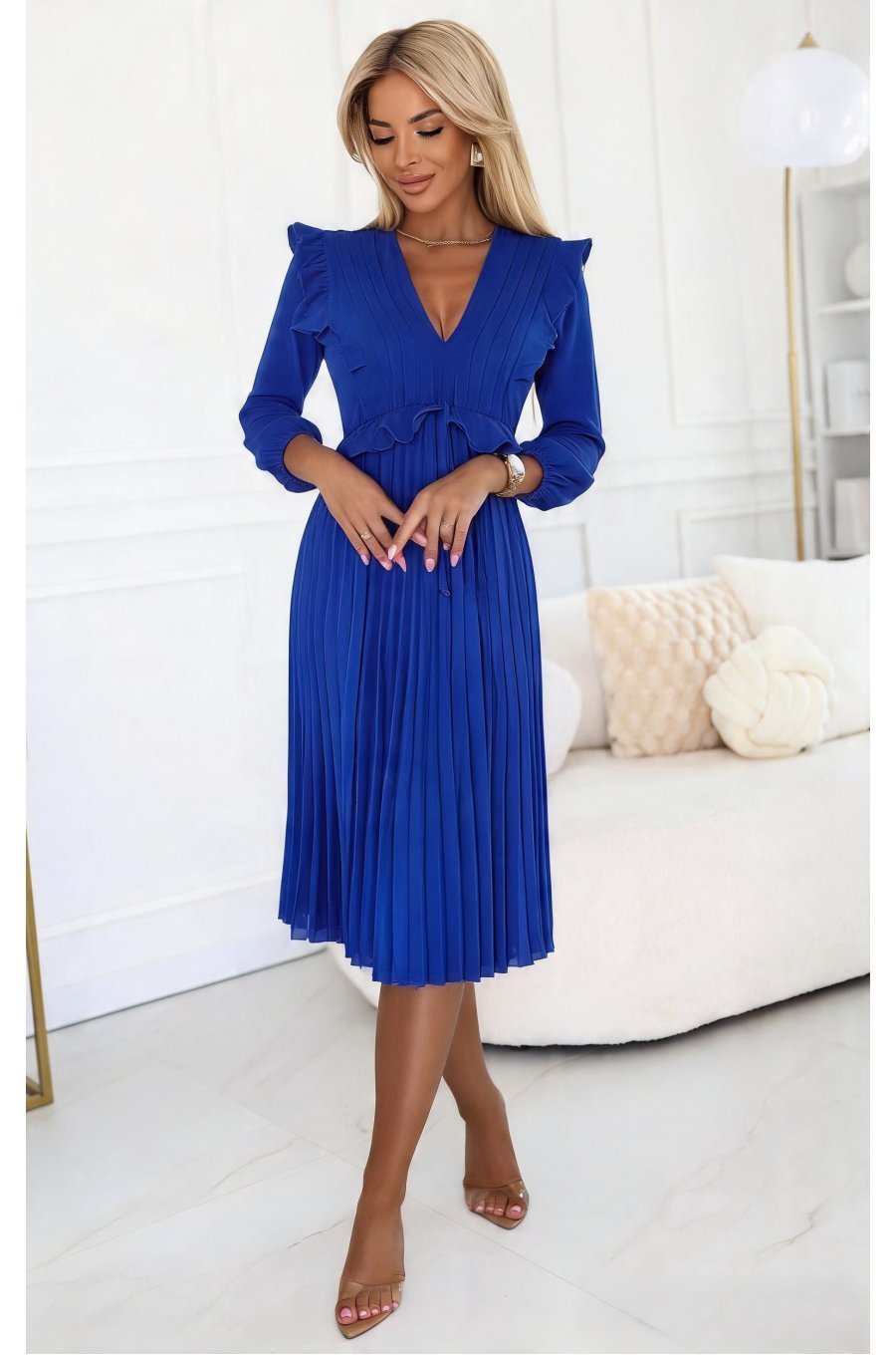 Rochie de ocazie midi albastra plisata cu volane Angel 2 - jojofashion.ro