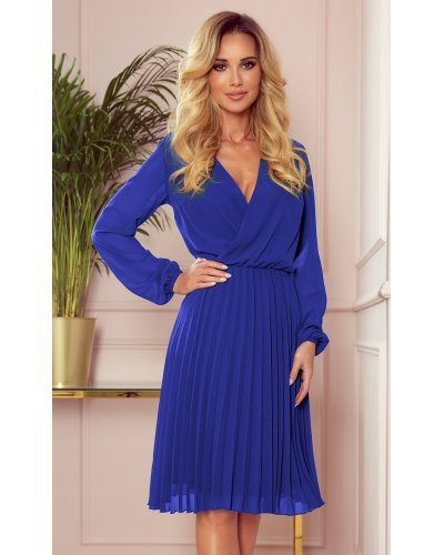 Rochie midi albastra din voal plisata cu maneca lunga Lisa Rochii de Ocazie Elegante, Rochie midi albastra din voal plisata cu maneca lunga Lisa - jojofashion.ro